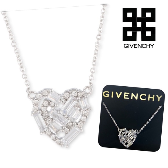 Givenchy Jewelry - GIVENCHY Silver Pave Round Baguette CZ Crystal Heart Pendant Necklace